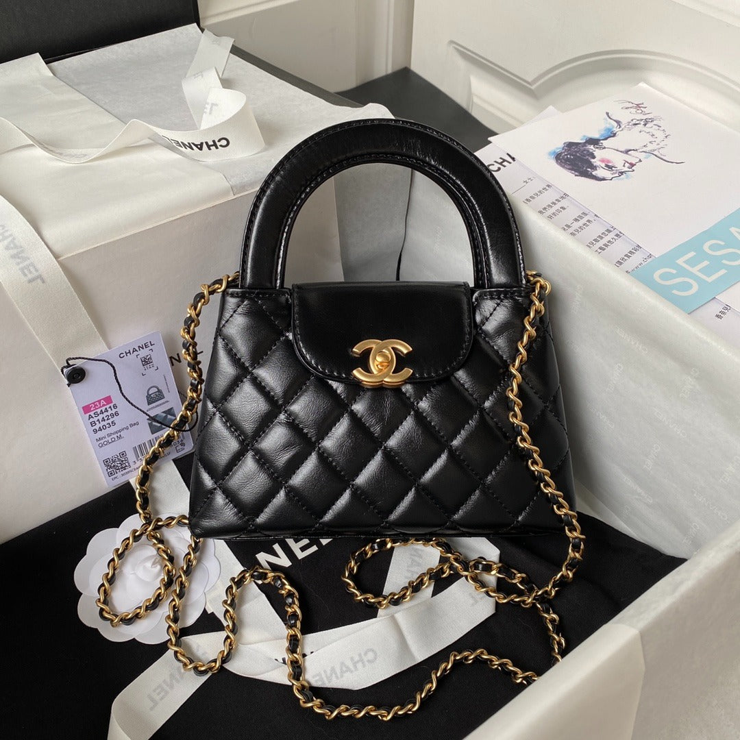 Chanel Kelly Mini Shopping Bag Black and Gold